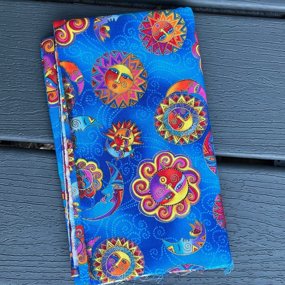 Laurel Burch Celestial Dreams fabric 1 yard, celestial metallic gold blue suns